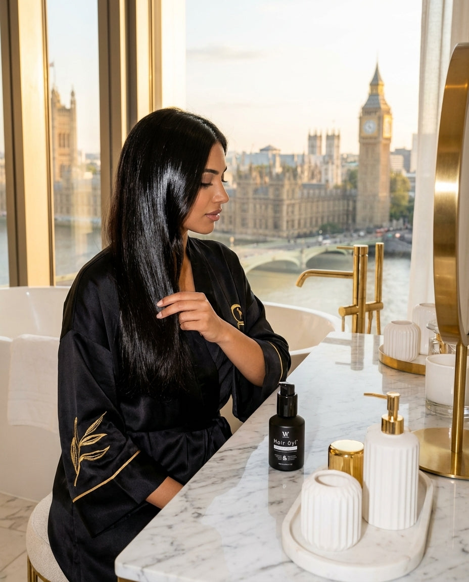 Mit Kamelie und schwarzem Rizinus angereicherte Haar- und Körperölbehandlung.