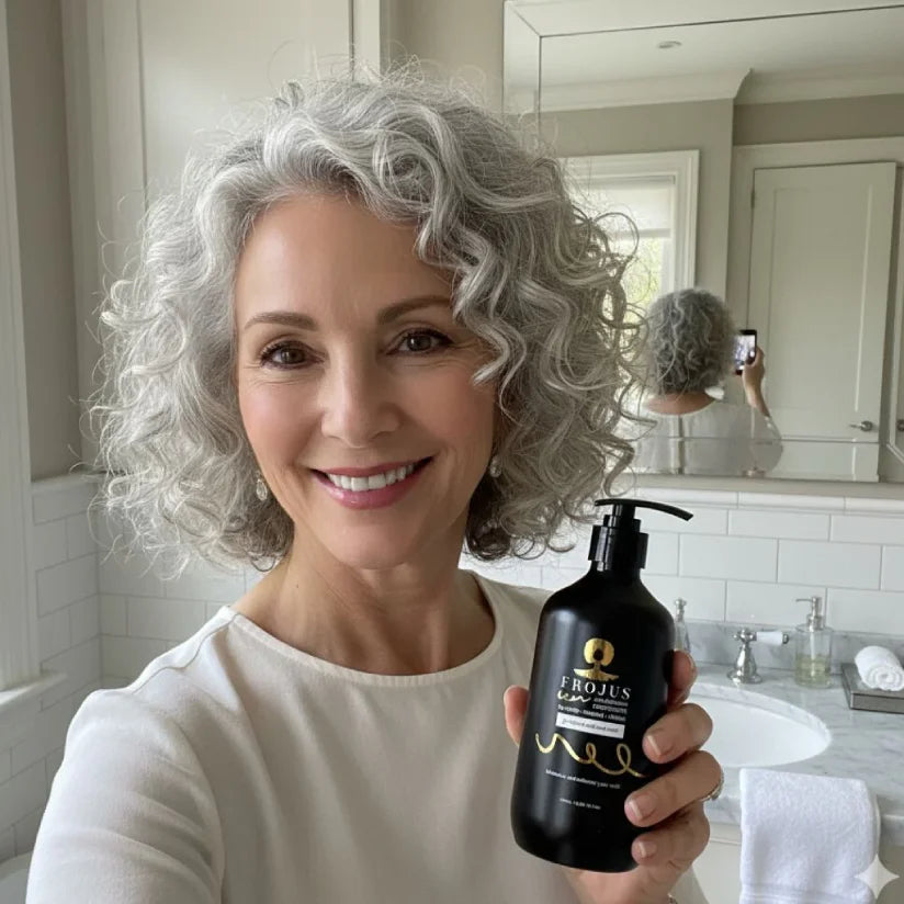 Woman showing Frojus hair products