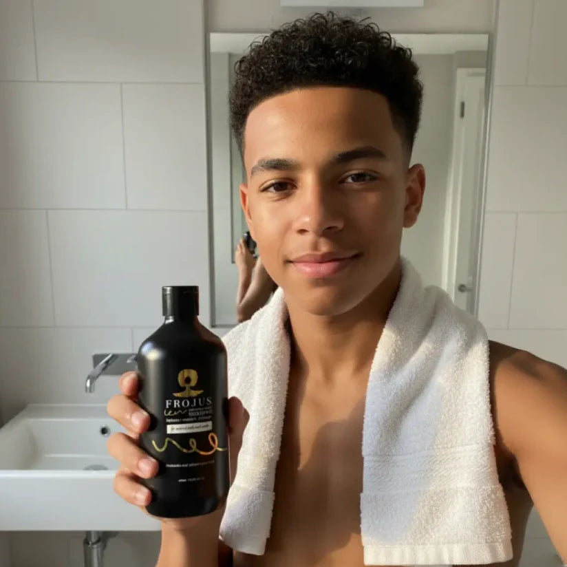 men holding Frojus shampoo bottle