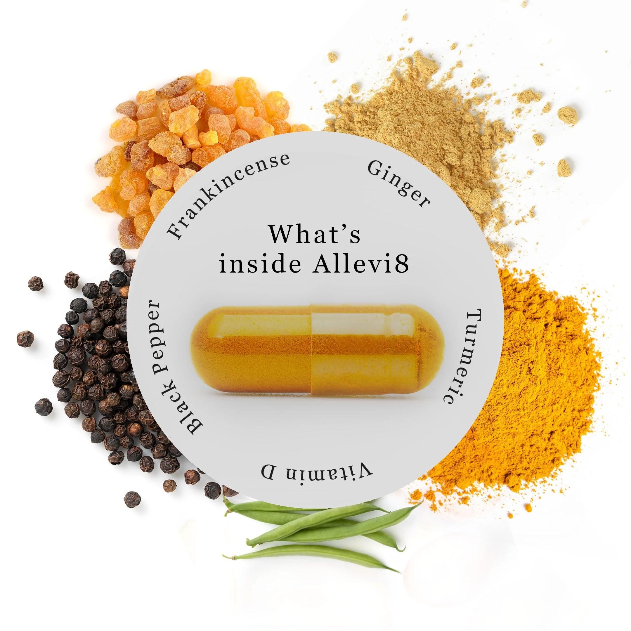 Allevi8 Mind Body & Soul - Ayurvedic Supplement with Turmeric, Ginger, Frankincense, Vitamin D, Black Pepper - Two months supply - Watermans